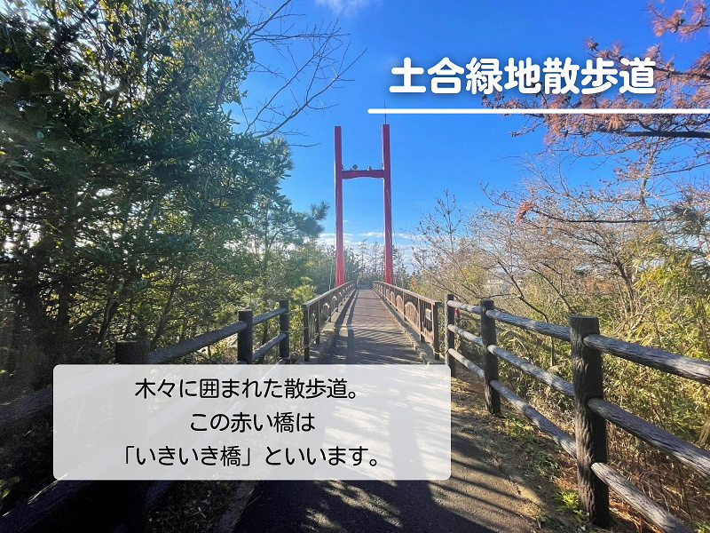土合緑地散歩道｜木々に囲まれた散歩道。この赤い橋は「いきいき橋」といいます。